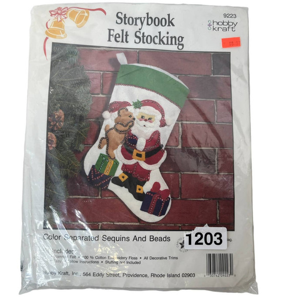 Vintage NRFP Storybook Felt Stocking Santa & Reindeer Sequins & Beads - Picture 1 of 2